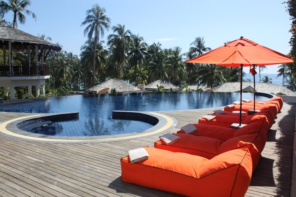 hotel, pool, vacation, thailand, island koh kood, sun loungers, umbrellas, orange, hotel, hotel, hotel, hotel, hotel, thailand